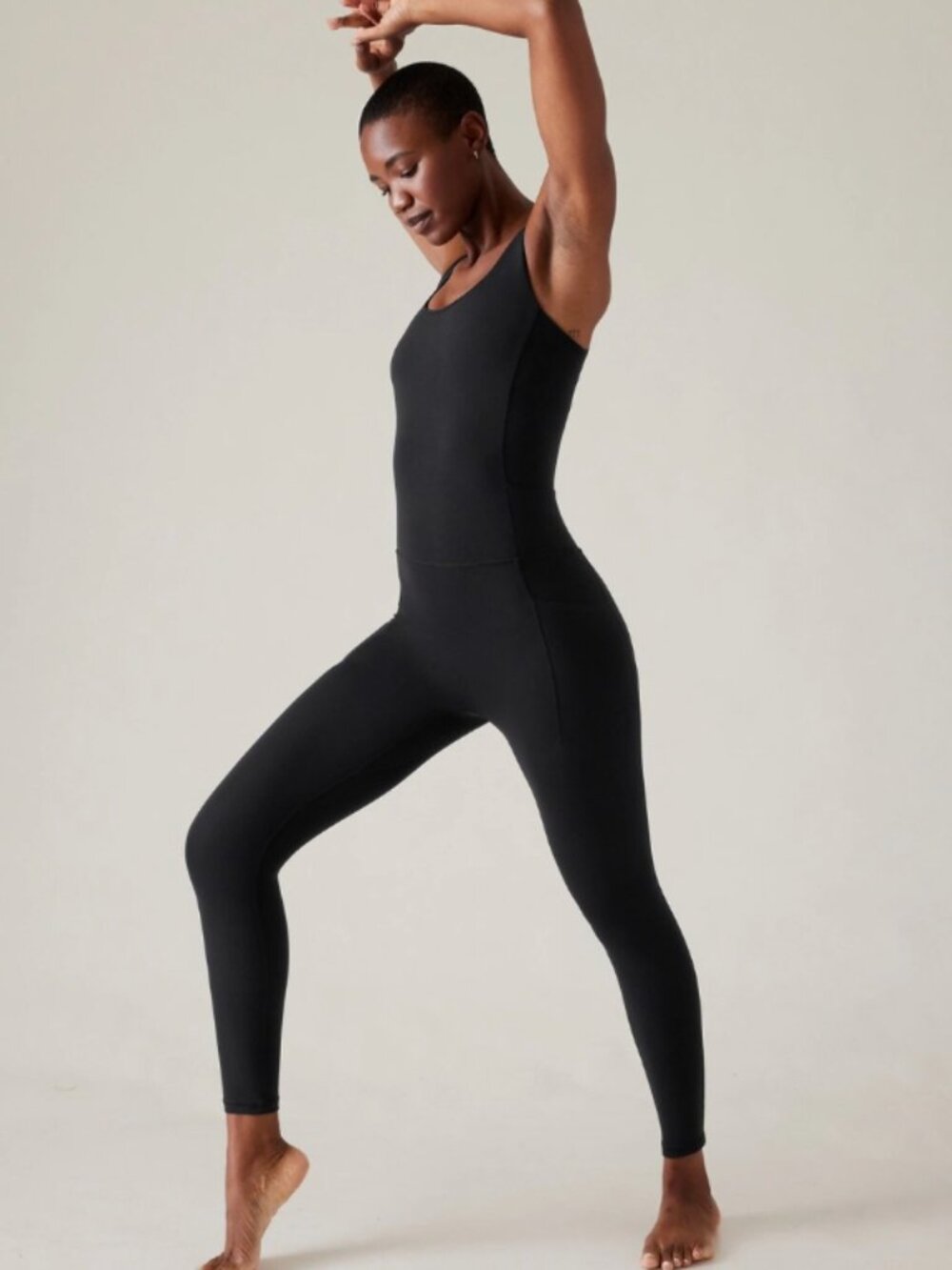 Athleta Salutation bodysuit Black Stretch Jumpsuit tank pockets XS